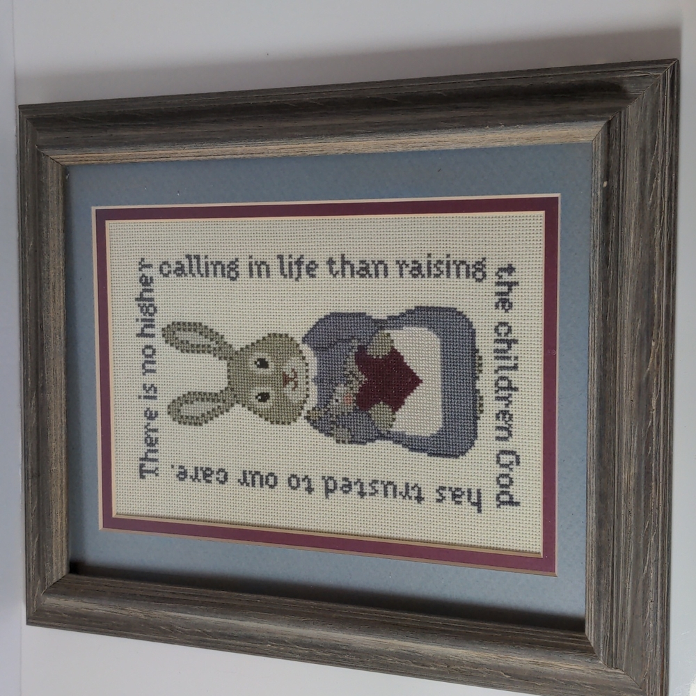 Handmade, counted cross stitch bunny